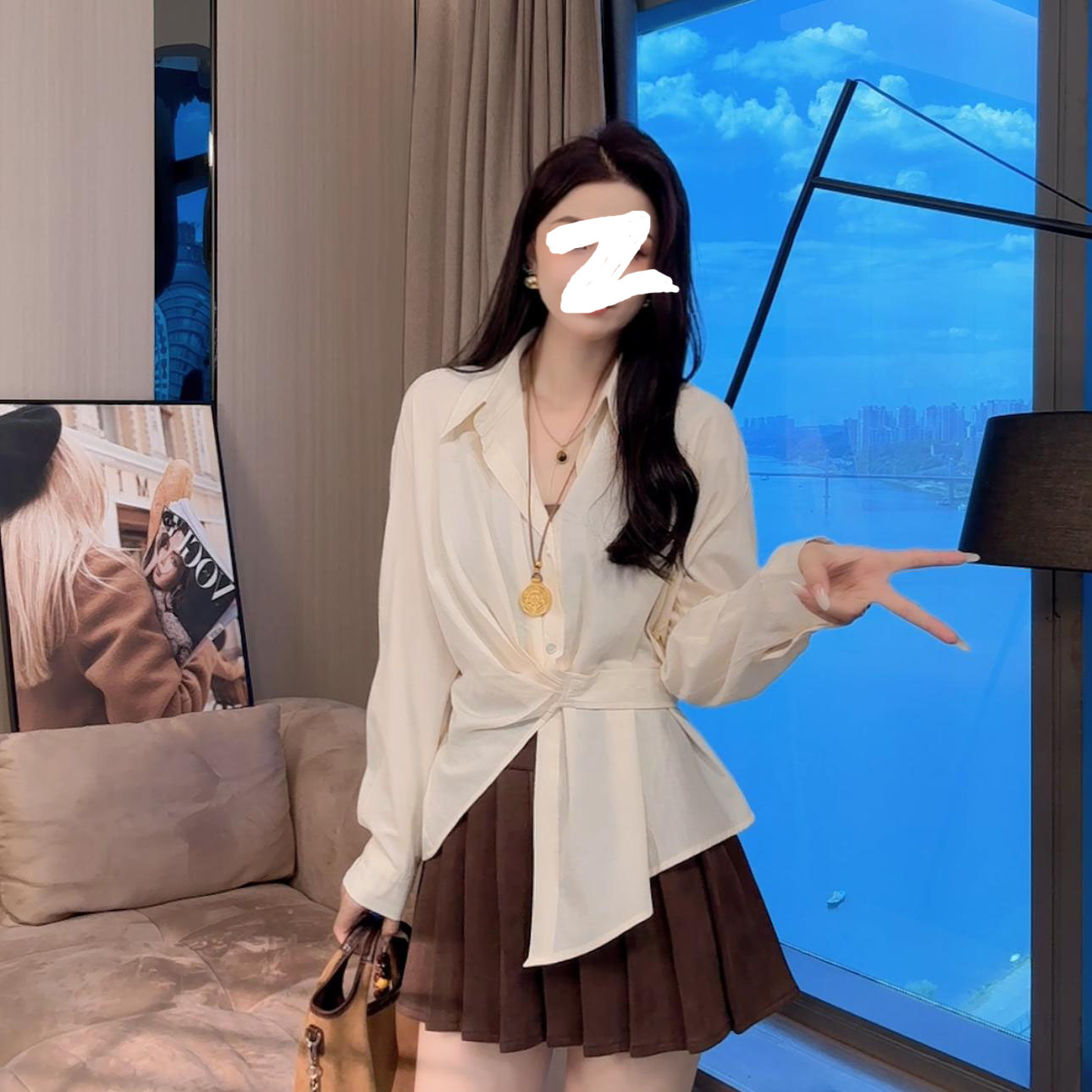 韩系复古白色polo领长袖衬衫女早秋季设计感小众系带收腰显瘦上衣