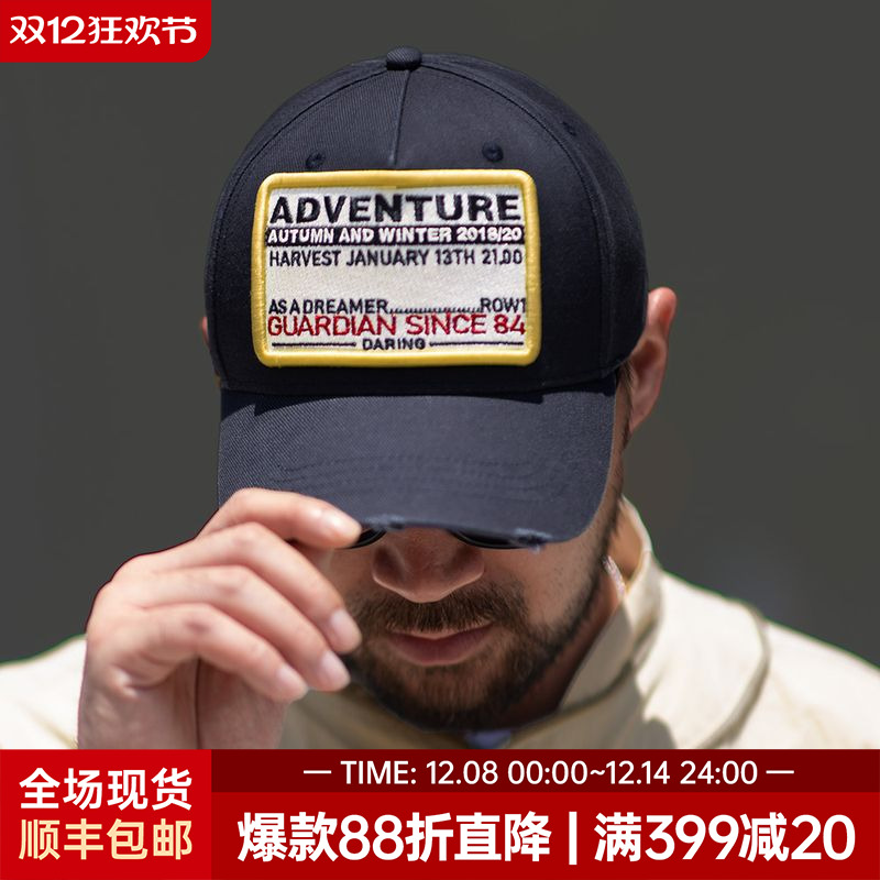 马登工装美式复古字母章仔棒球帽新款做旧弯檐鸭舌帽宽檐帽子男女