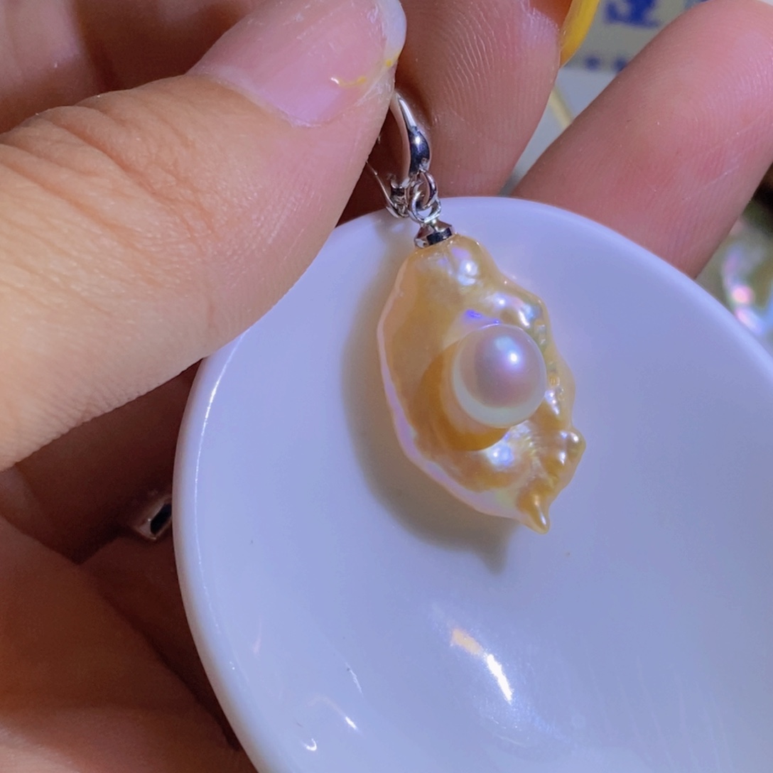 银S925镶嵌淡水珍珠天然珍珠无染色，无优化