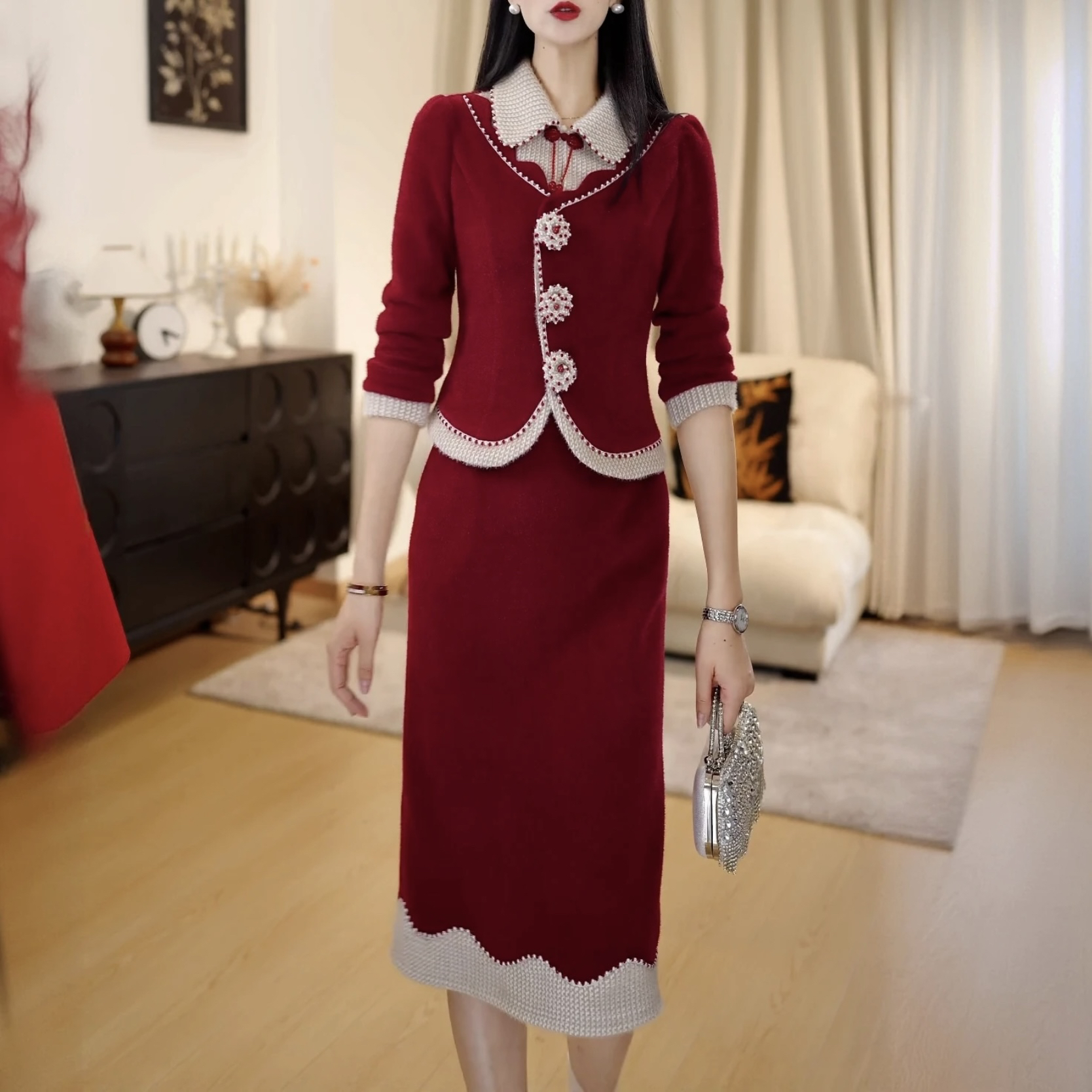 【连衣裙】DLS5Q359新中式加绒加厚轻奢冬季款收腰显瘦高端连衣裙