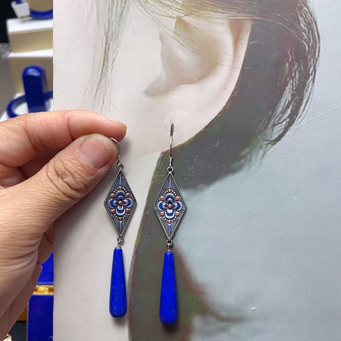 青金石耳钩银S925镶嵌