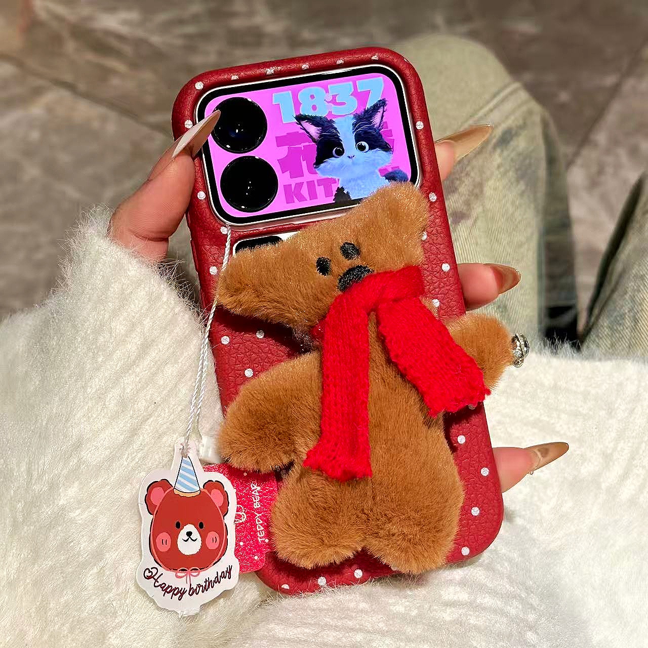 奥菲顿毛绒泰迪熊标签适用苹果17皮纹16手机壳小米15vivo华为oppo