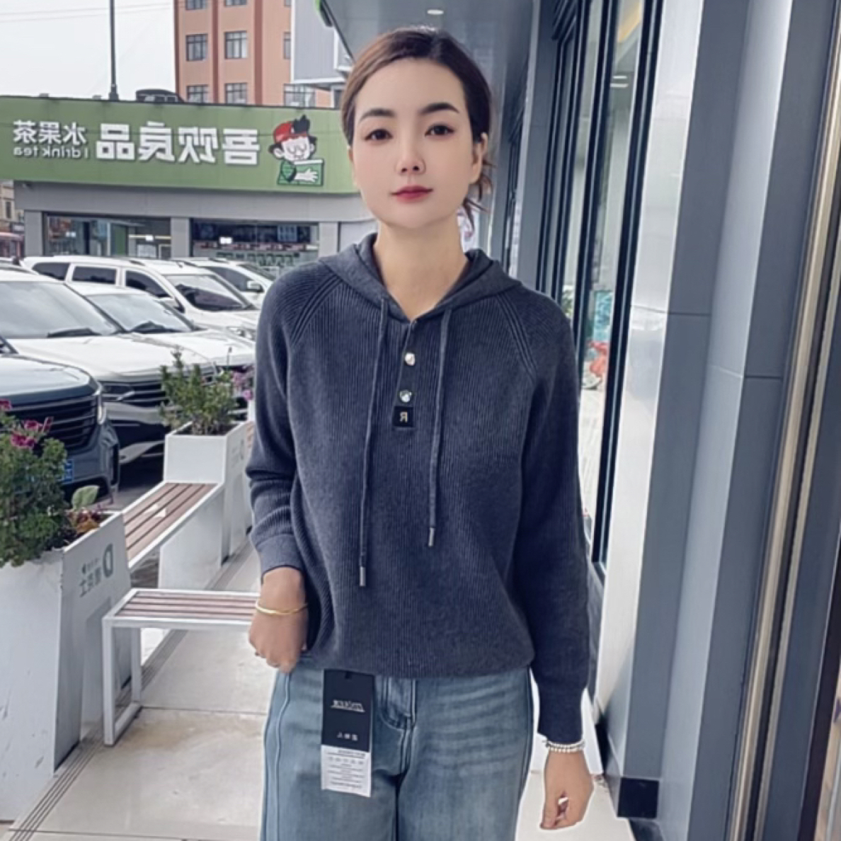 靓丽阁针织套头款不褪色毛针织衫连帽打底衫套头帽衫女