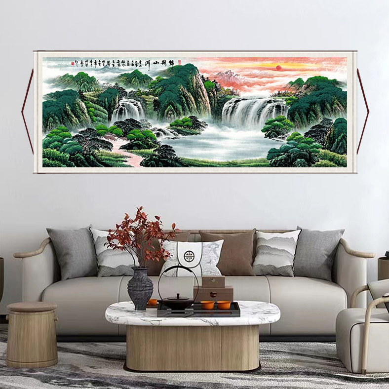 《锦绣山河》大气背景墙横幅挂画国风山水画靠山风景图装饰画装裱Q9