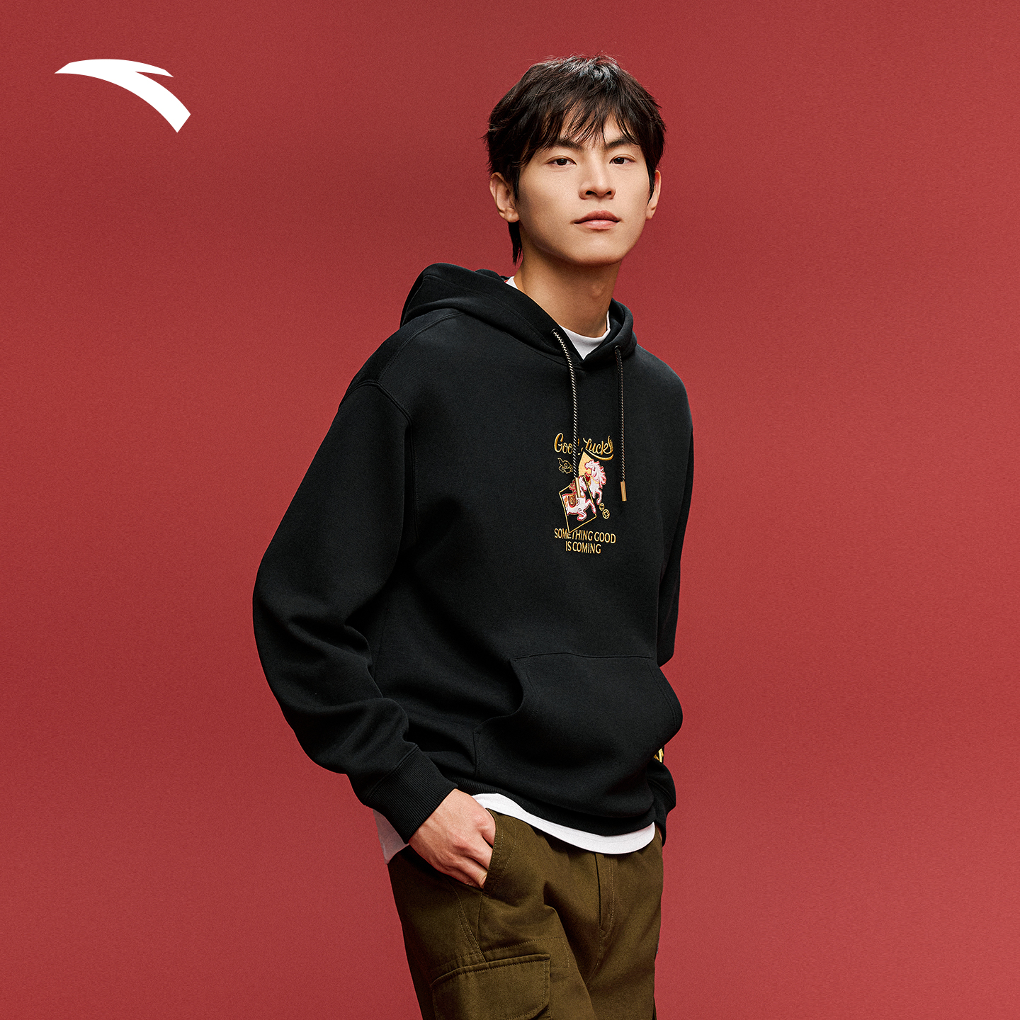 安踏好事发生丨加绒连帽卫衣男女新年款休闲长袖加厚上衣红色宽松