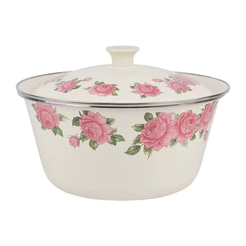 【特厚】 18公分连理花  珐琅搪瓷盖盆1个