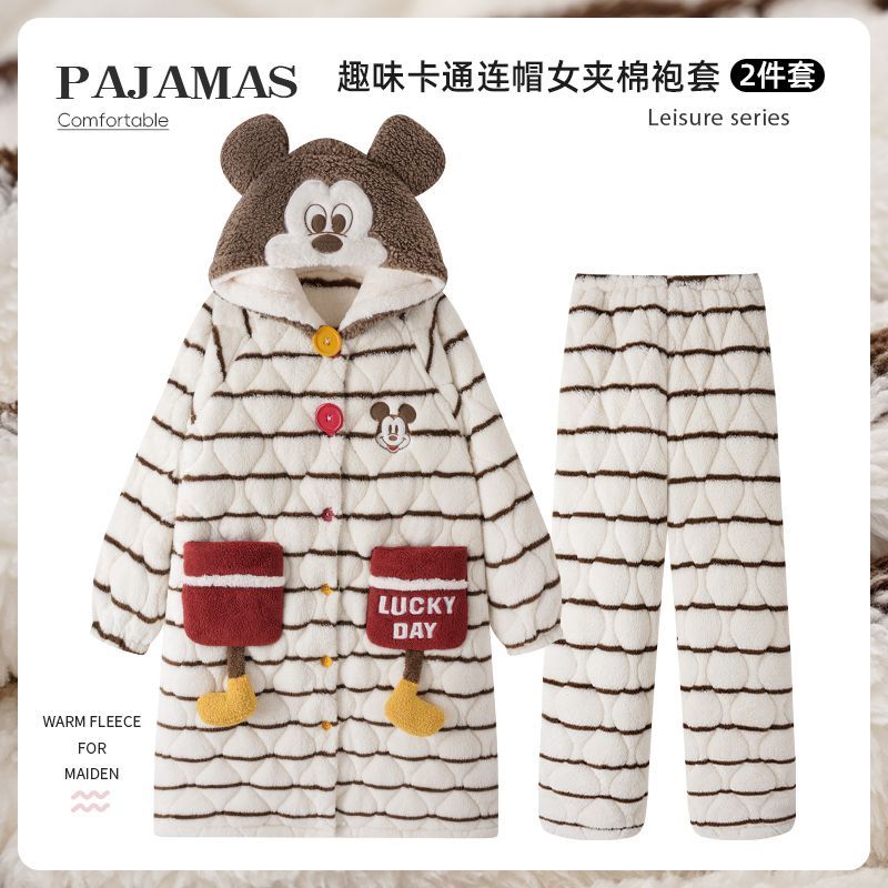 秋冬款2025条纹米老鼠睡袍女款加绒加厚保暖舒适家居服