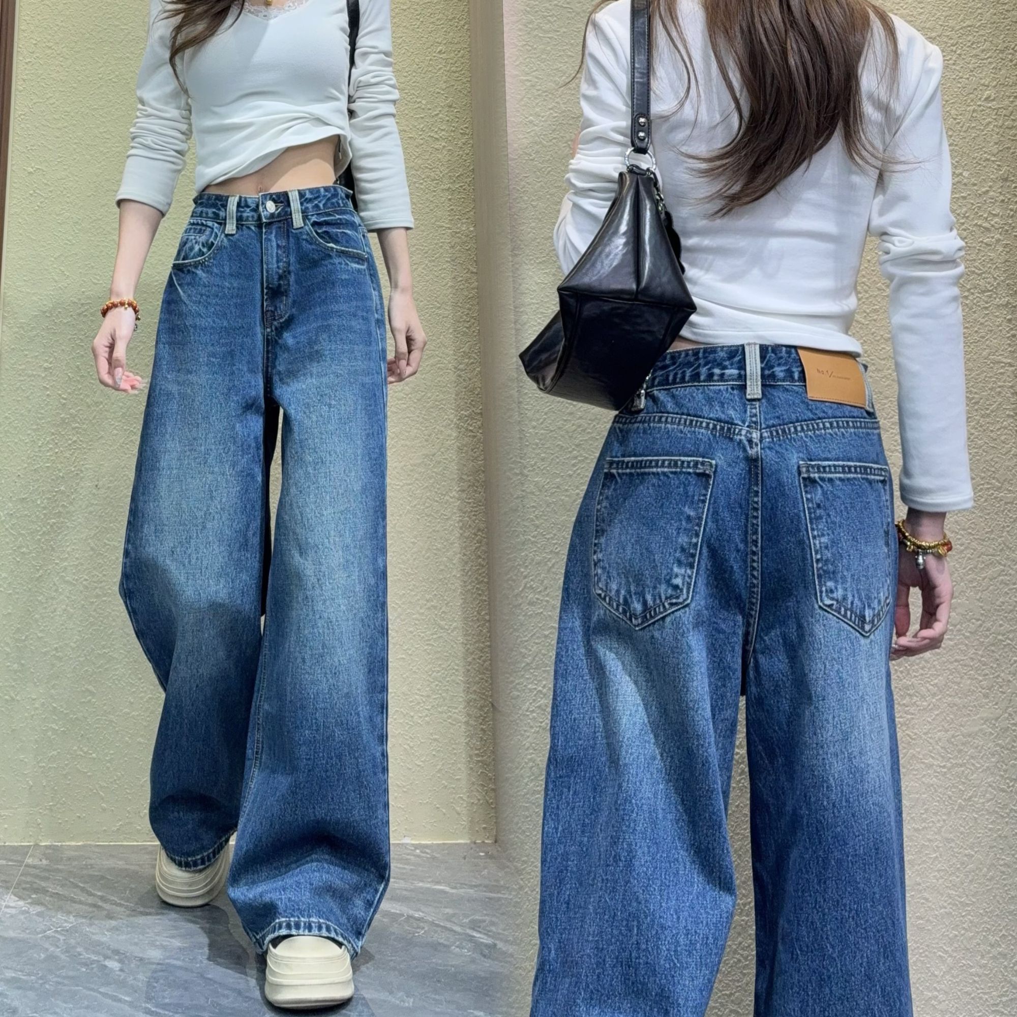 复古蓝色阔腿弯刀裤2026早春垂感宽松高腰牛仔裤女拖地裤TM9206