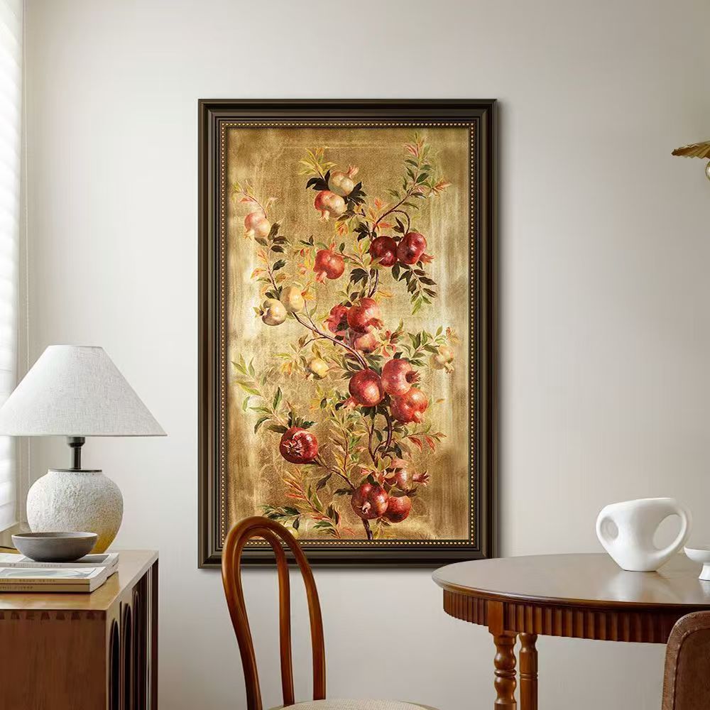 美式复古风入户玄关装饰画适用于餐厅卧室床头竖版挂画石榴走廊画