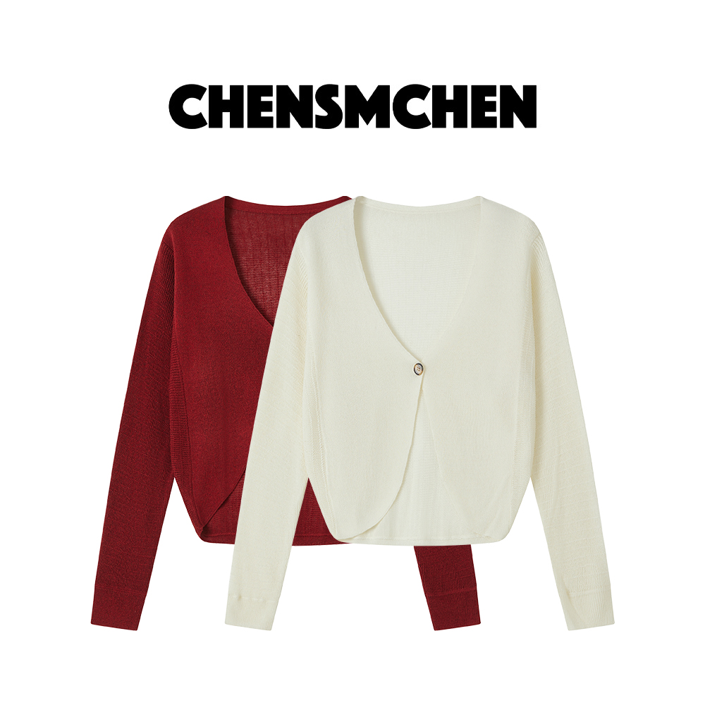CHENSMCHEN 莱赛尔大V领开衫女欧若风春季百搭短款上衣CSZ1025SL
