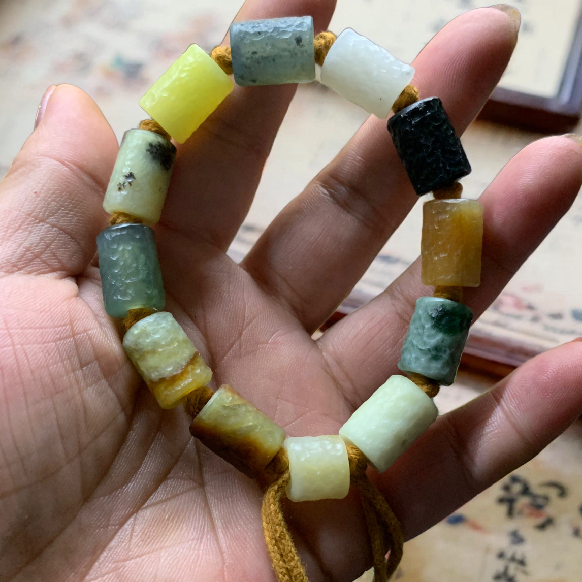 天然岫玉手工锤纹花玉多宝桶珠手串男女同款