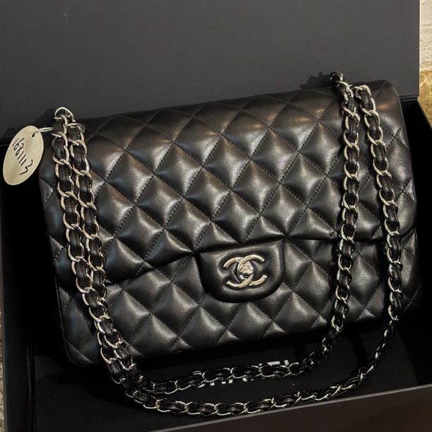 95新 Chanel/香奈儿 夏七中古/Chanel黑银光面双盖jumbo单肩包