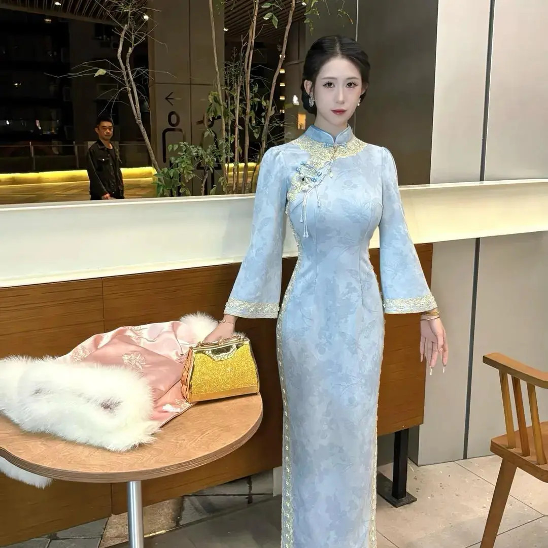 【奈柏上新】婴蓝太太 原创自制秋冬麂皮绒珠链蕾丝秋季旗袍