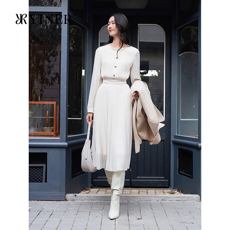 YINER音儿专选女装冬季法式优雅皱褶收腰百褶优雅气质连衣裙