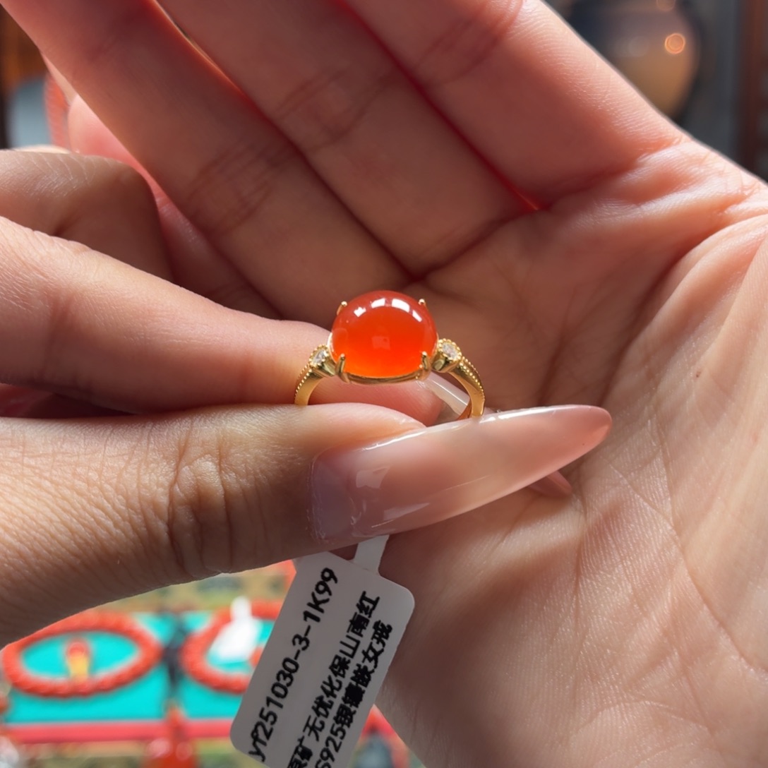 爱***丽南红玛瑙银S925镶嵌女戒原矿保山南红小庄冰红女戒