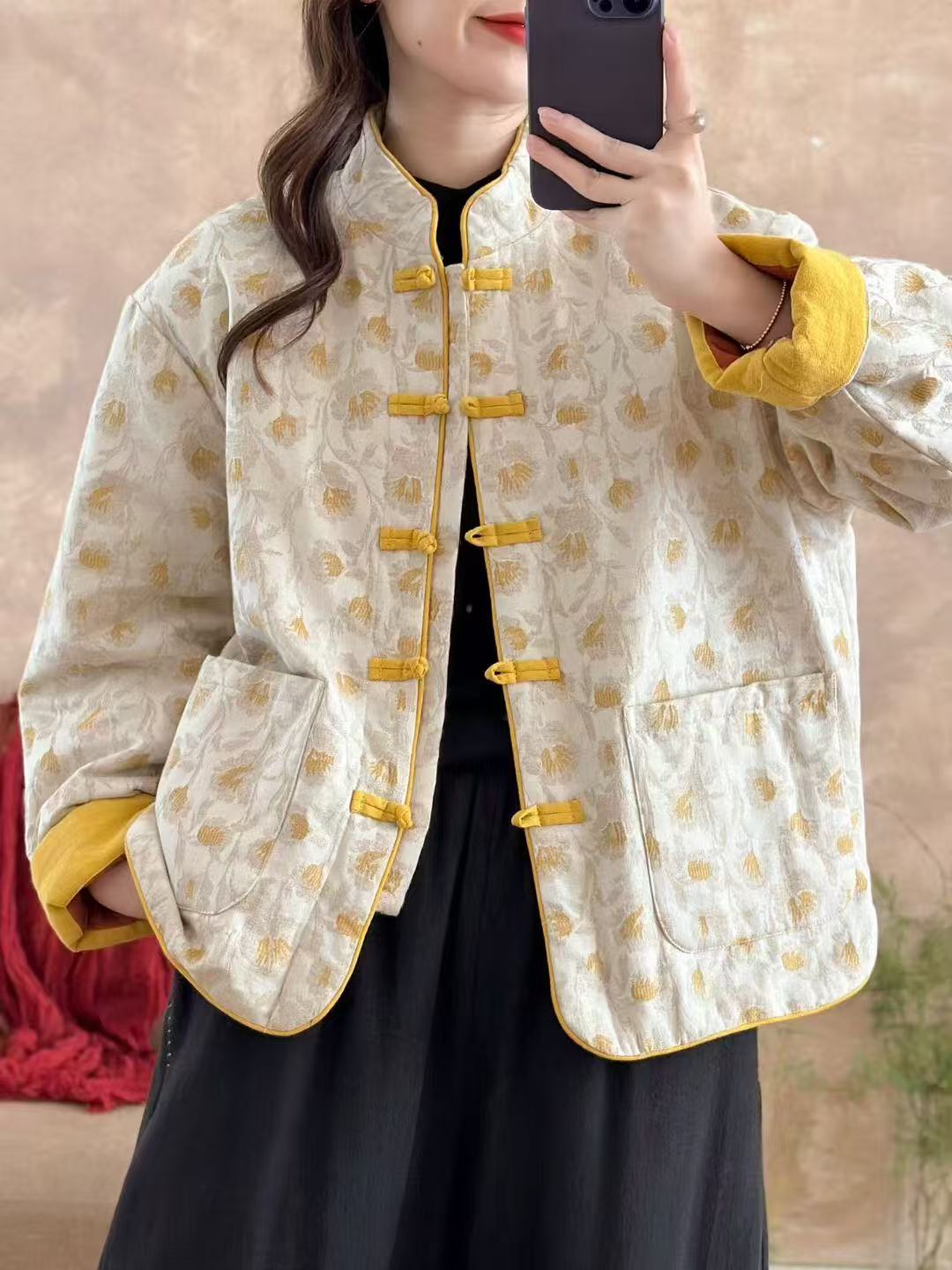 「柳莺」【熠熠生辉】2025新款盘扣亚麻浮雕刺绣提花国风棉服外套女