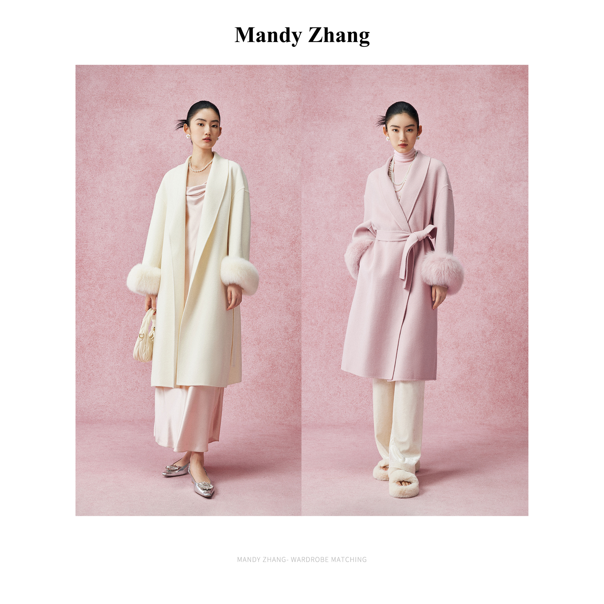 MandyZhang100%绵羊毛粉色双面毛呢大衣外套女狐狸毛袖长款24新款