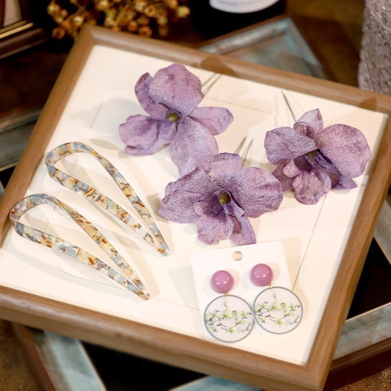 G366新中式新娘头饰紫色仿真花朵耳环结婚礼服旗袍晨袍汉服发饰品