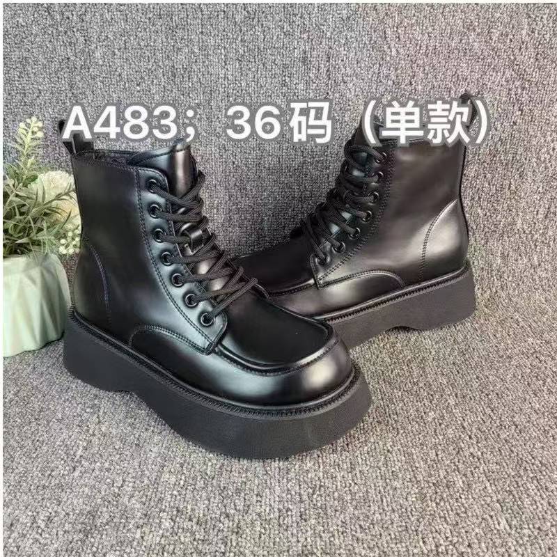 A483低跟透气中跟圆头纯色冬季马丁靴系带潮流黑色