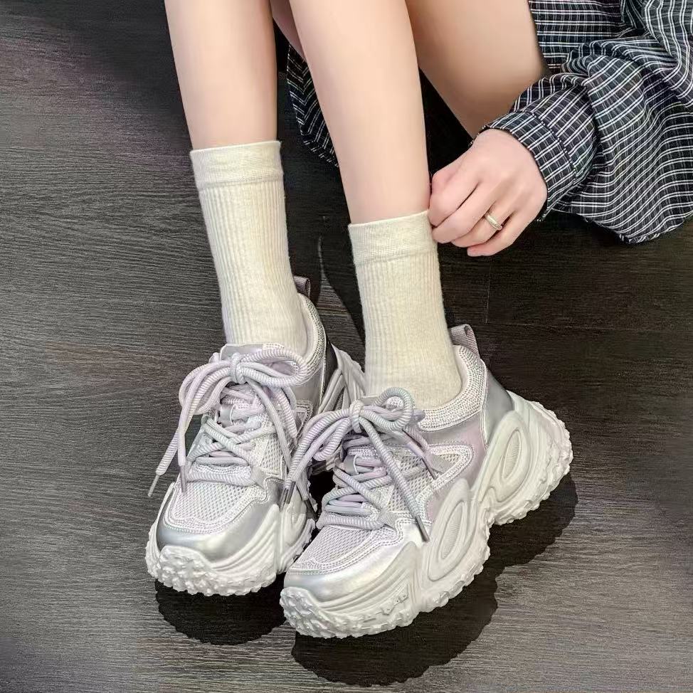 C6875 银/紫  夏季时尚圆头系带休闲运动鞋女士老爹鞋