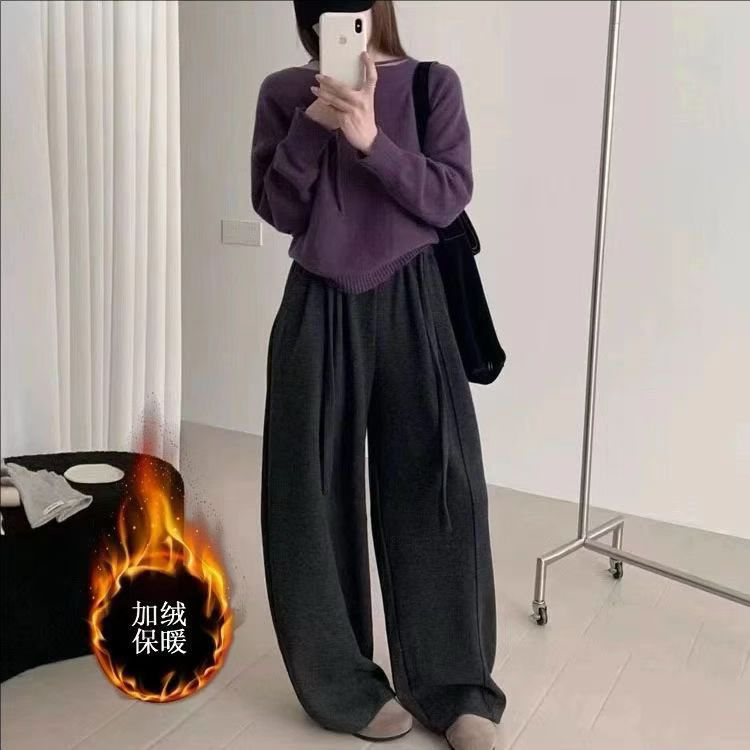 高腰弯刀休闲裤女宽松垂感毛呢阔腿裤加绒加厚秋冬保暖设计感