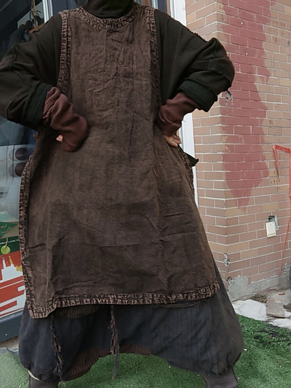 无吊牌水洗做旧中长麻长马夹