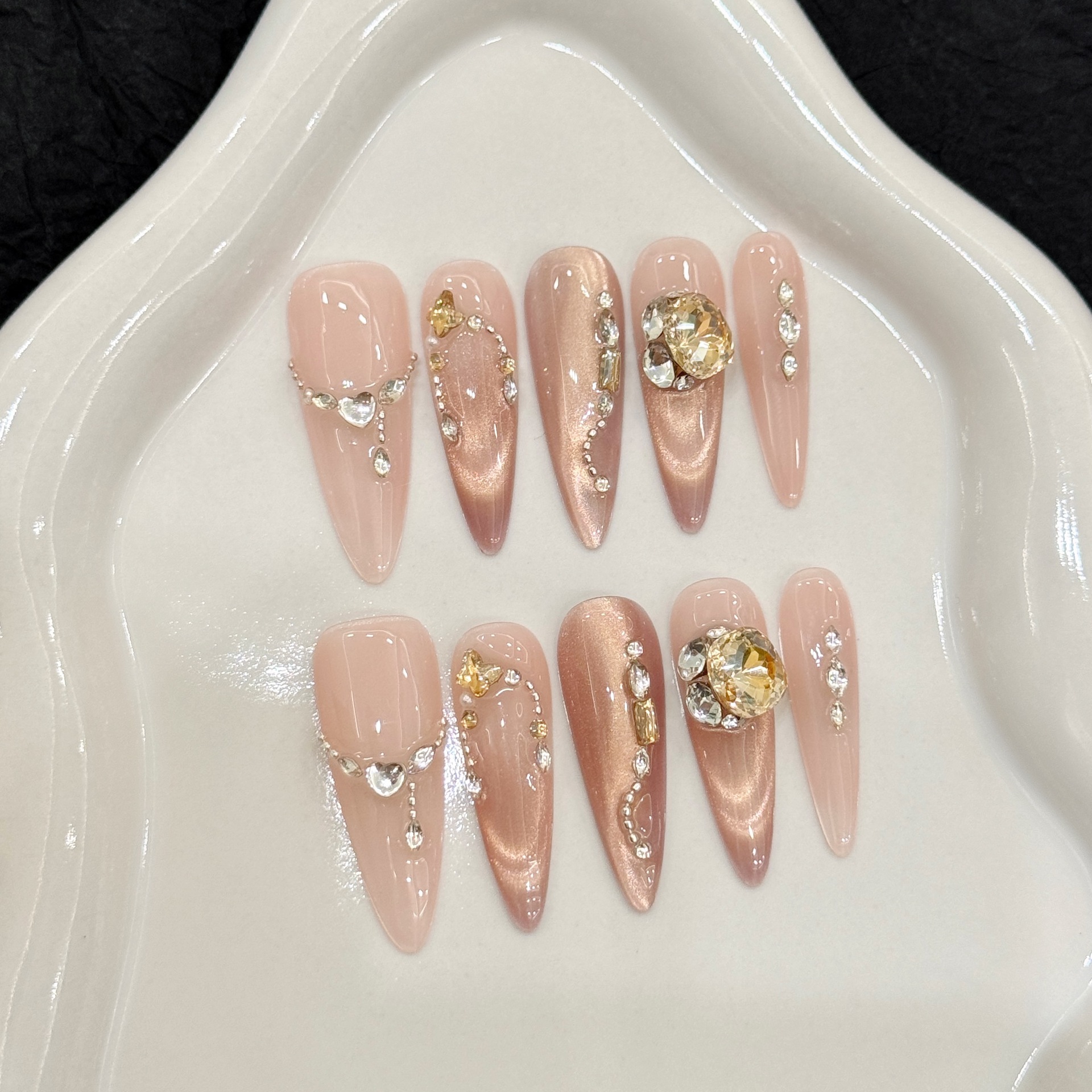 【浮光裸】温柔渐变甜美风高级感手工穿戴甲飘带猫眼花朵大钻穿戴甲