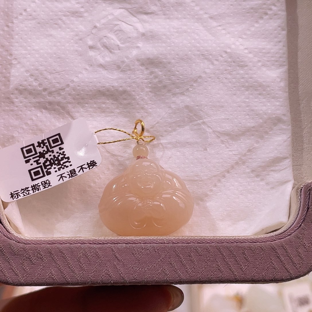 吊坠(不含链)18K金镶嵌和田玉藕粉红粉抱抱佛