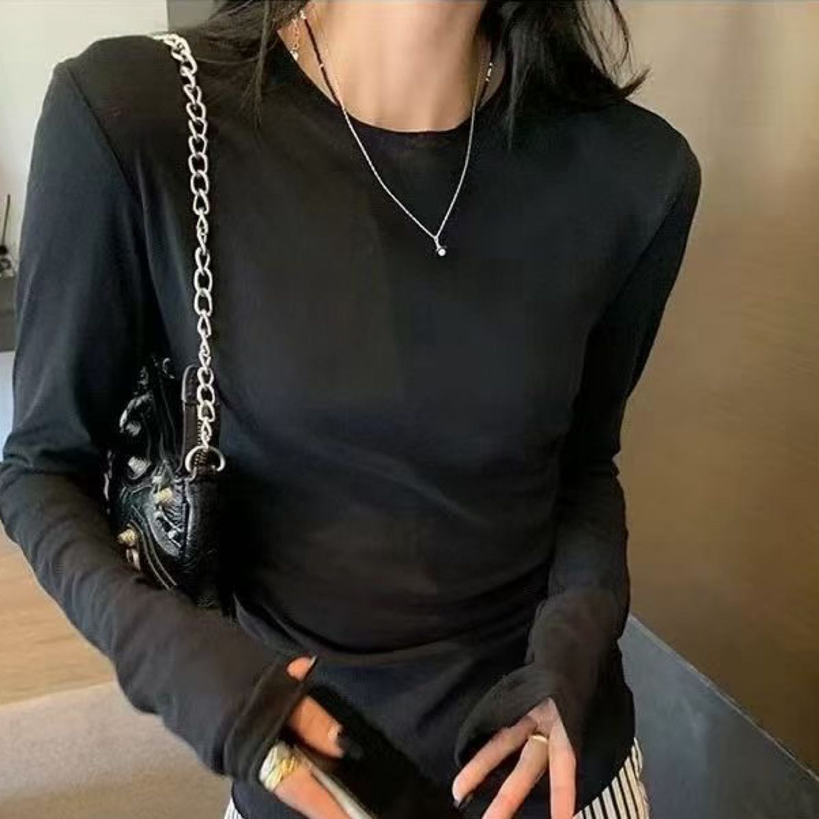润熙拼接棉麻长袖体恤打底衫女四季弹力打底衫1805