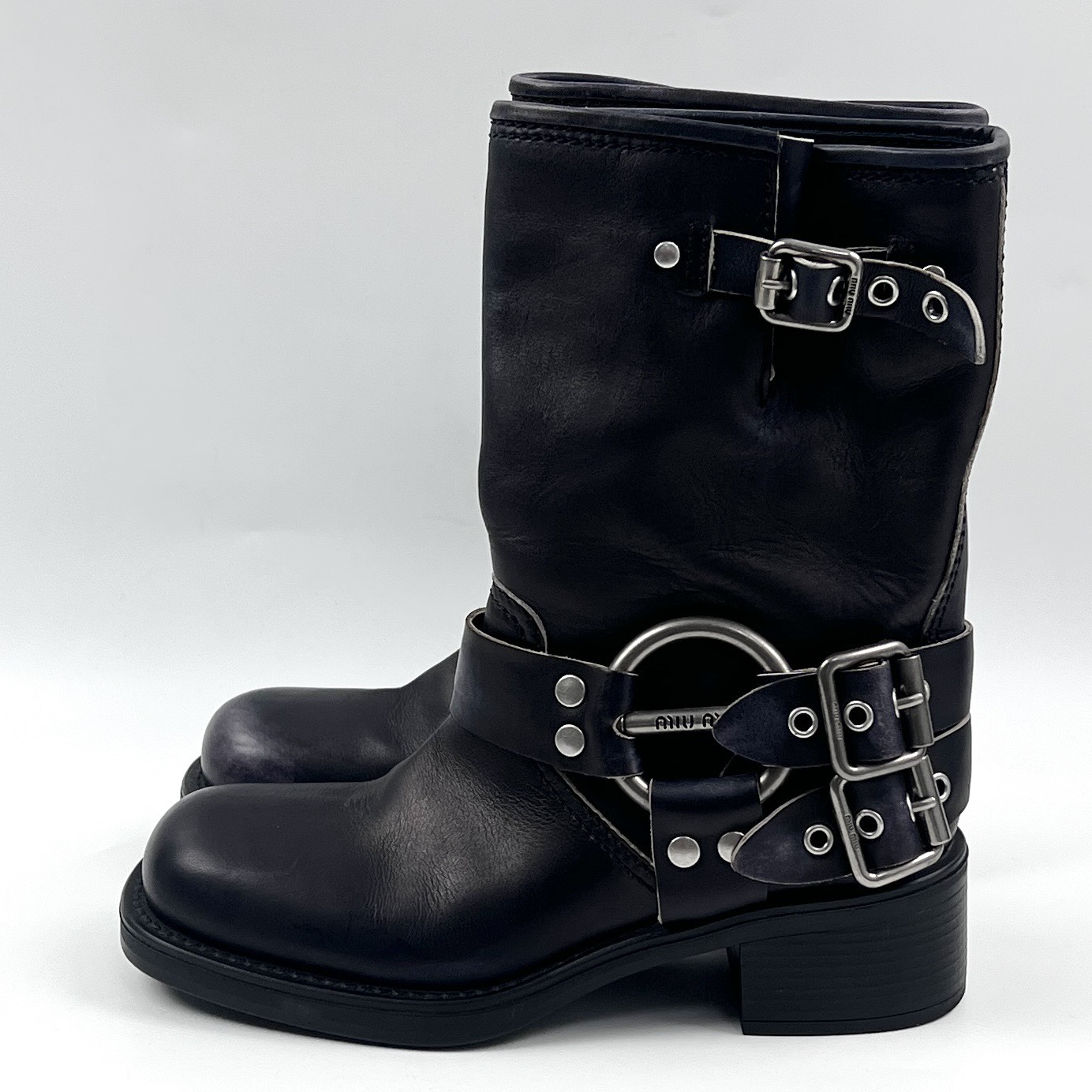 99新 MIU MIU/缪缪 36码 黑色水洗做旧机车靴 lm4129