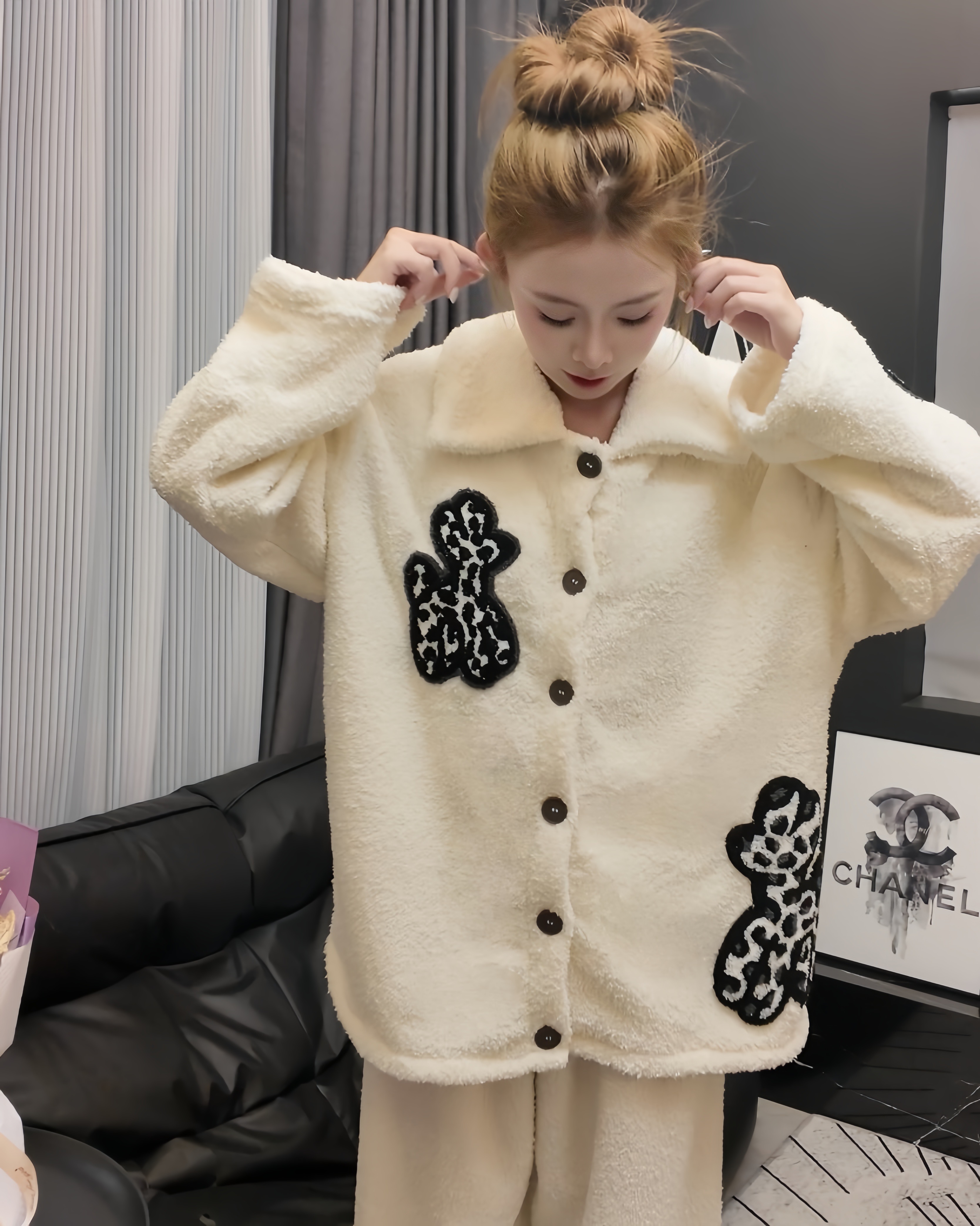 卡通小狗半边绒星星睡衣女秋冬季长袖加厚保暖可爱家居服套装