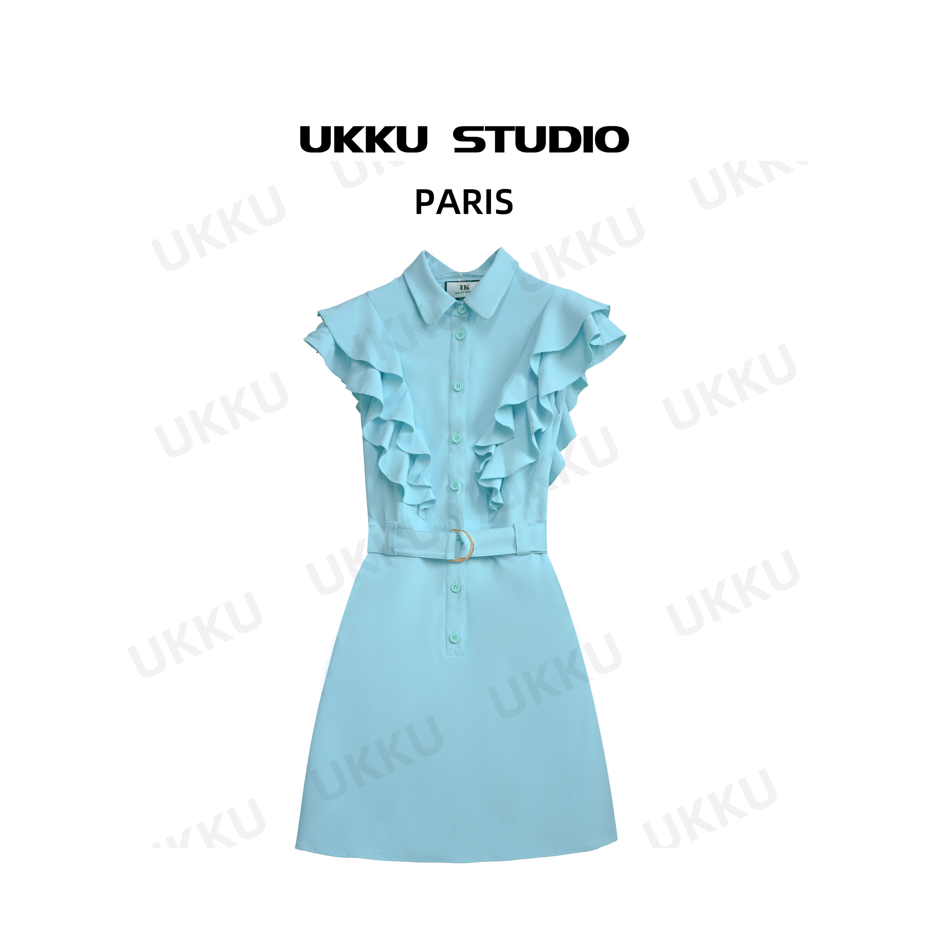 文文【UKKUSTUDIO】茶歇法式连衣裙赫本风时尚不规则气质蓝色312179