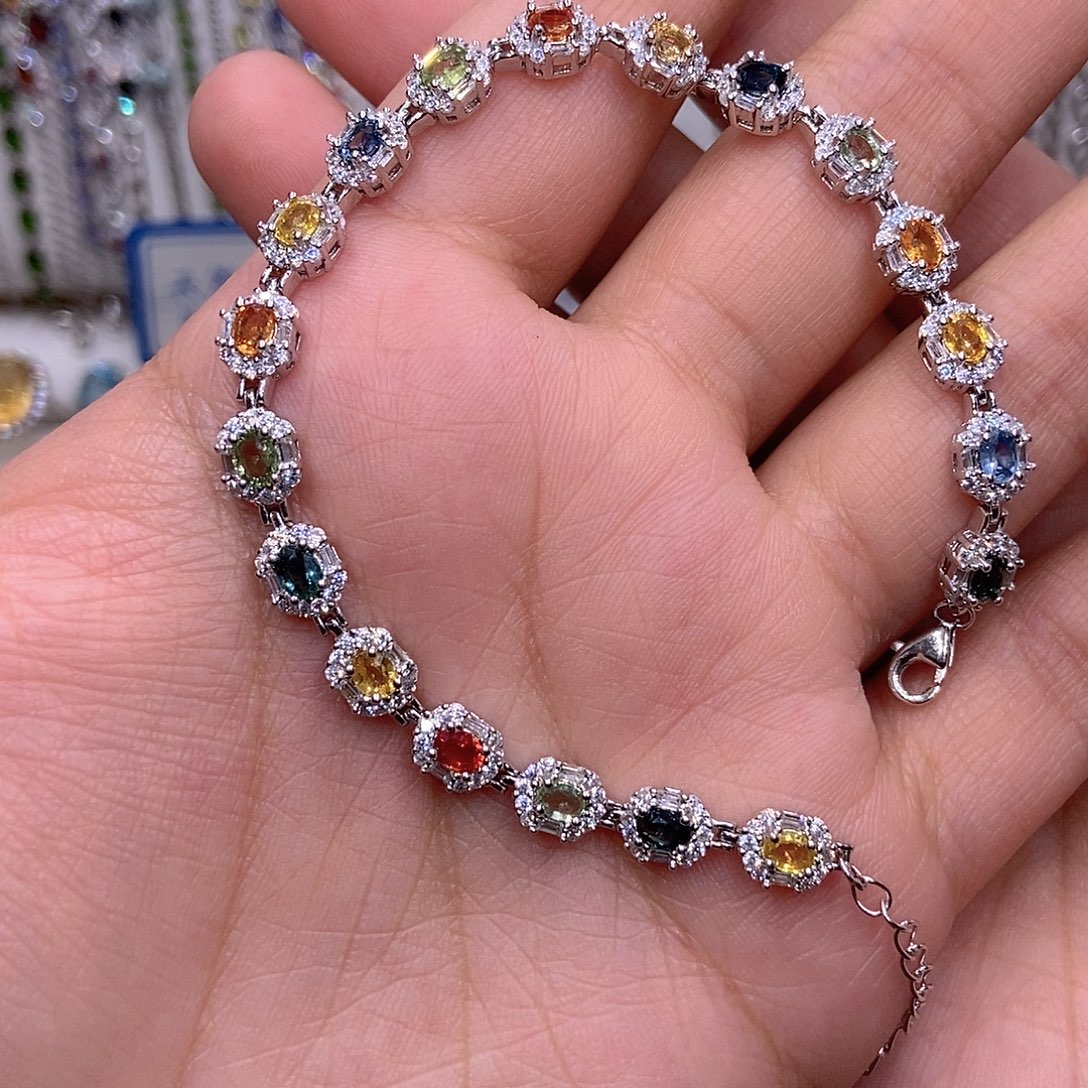 彩色蓝宝石银S925镶嵌手链