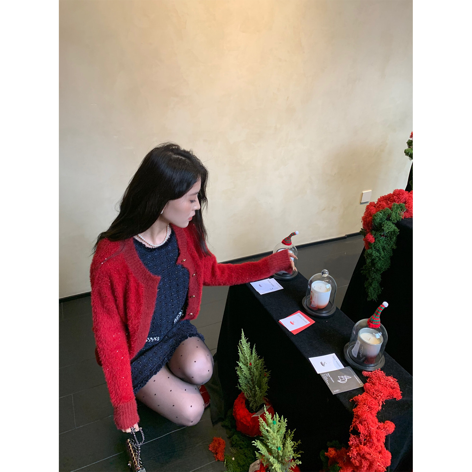 ICELOLLY小香风红色本命年龙年毛衣开衫外套女早春新款亮片上衣秋