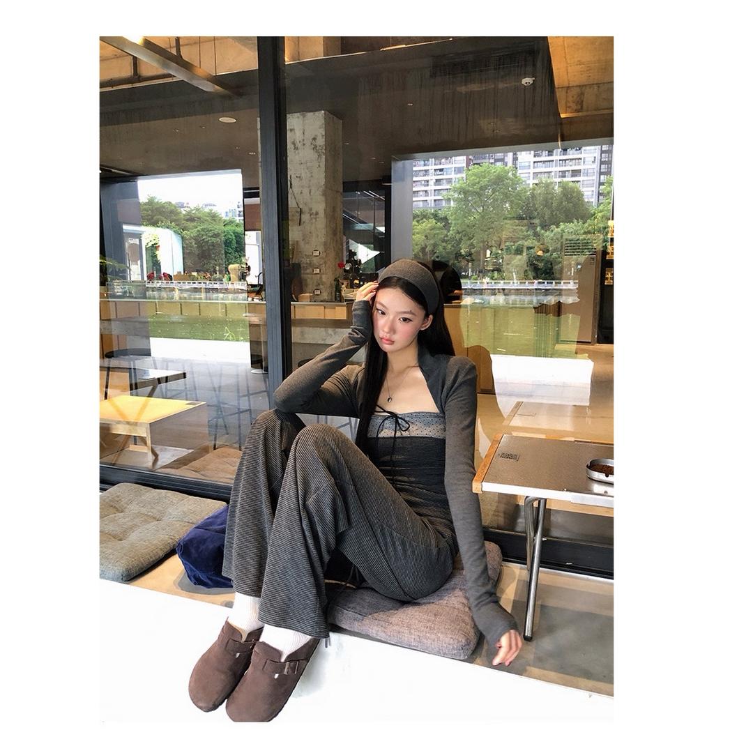 【dd】韩系撞色蝴蝶结系带波点假两件上衣