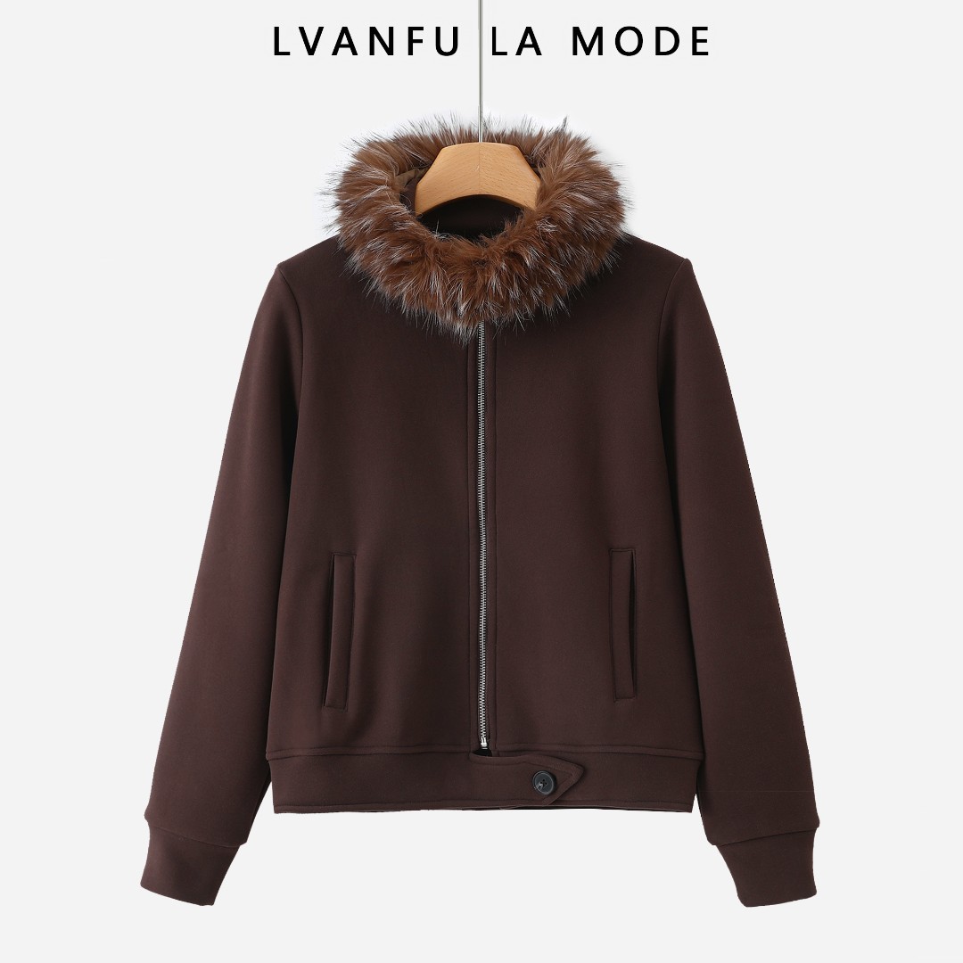 【依凡芙】冬季爆款加绒加厚仿貉毛毛领百搭显瘦修身外套JY1011A/CX