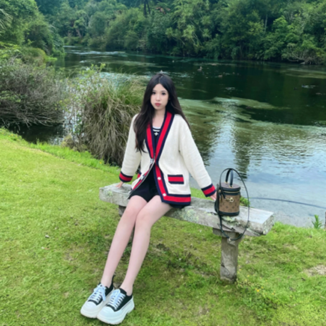99新 GUCCI/古驰 米白色红蓝条纹开衫外套 40码 cl01230