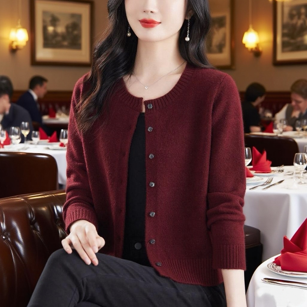 羊毛衫女圆领中年妈妈针织开衫外套短款毛衣外搭春秋专柜正品