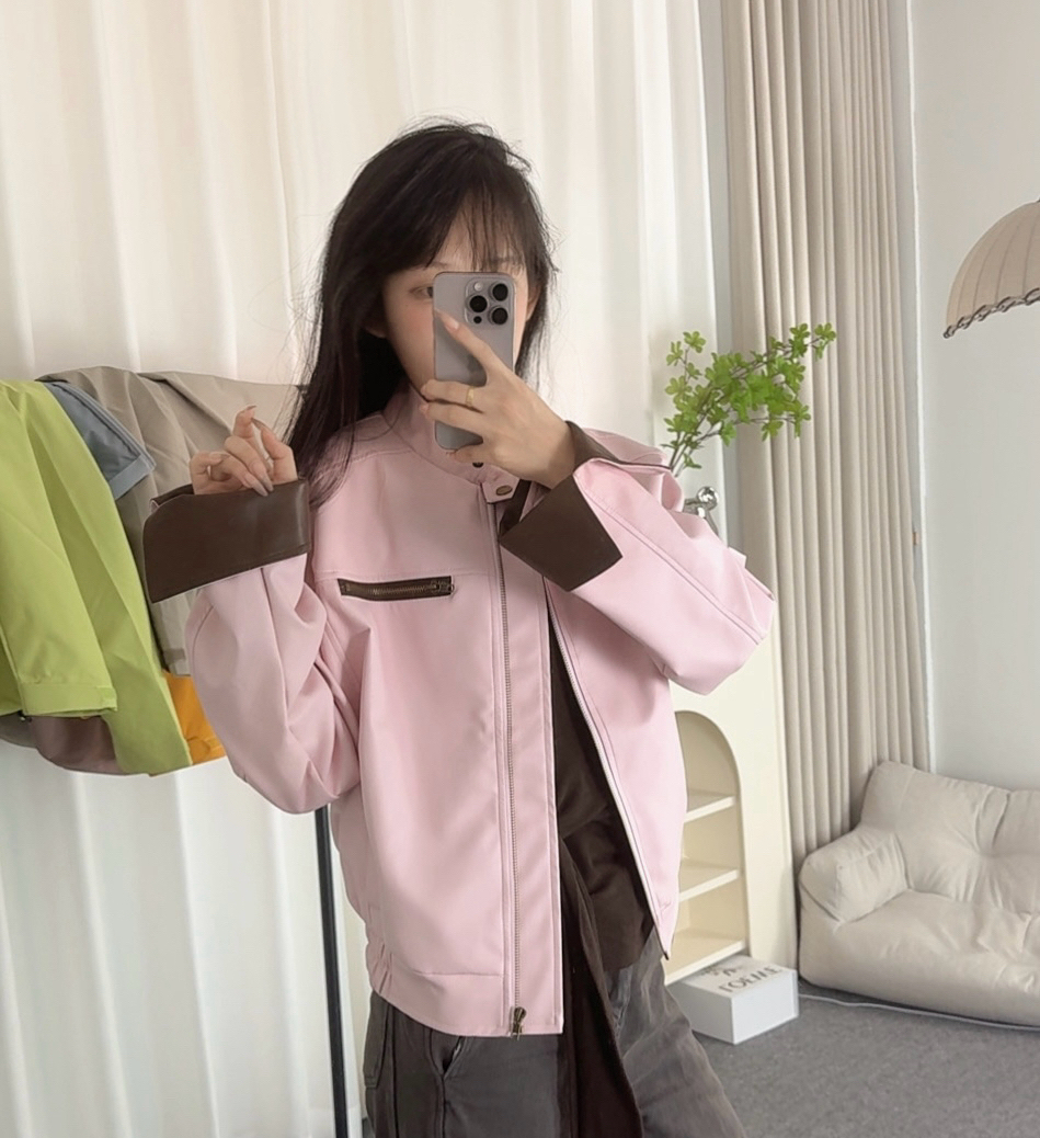 粉色皮衣外套女2025年秋季新款酷飒独特超好看短款休闲夹克上衣