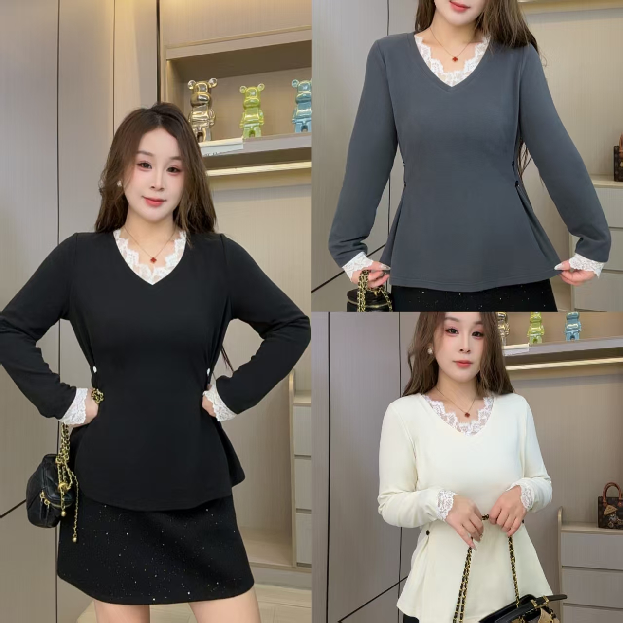 德绒+加厚绒 83秋冬季高级感蕾丝拼接显瘦纽扣收腰韩系百搭打底衫