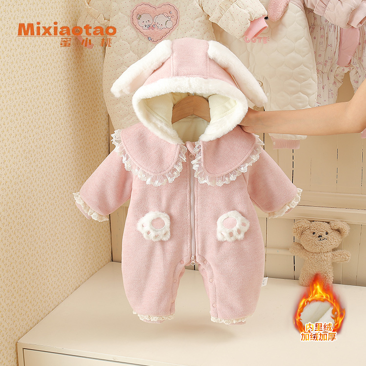 冬款新款小兔子乖乖加厚加绒外出服幼儿宝宝哈衣新生儿衣服童装