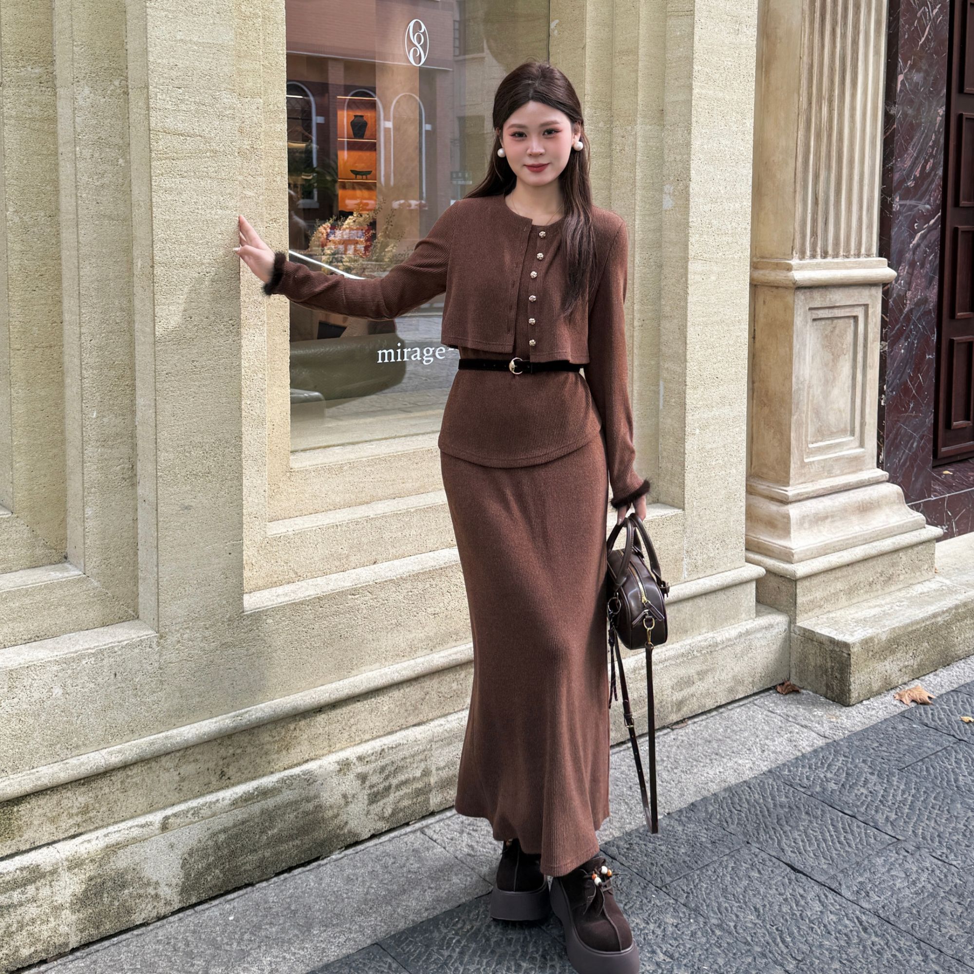 敏敏南岛风大码女时尚两件套针织上衣开衫胖mm显瘦半裙套装ZZM312