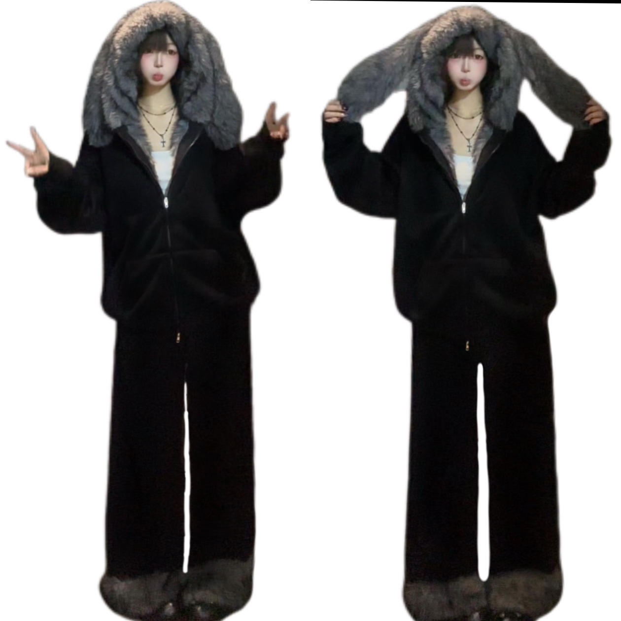 【纯棉+运补】纯色毛绒兔耳连帽卫衣加绒冬宽松慵懒chic上衣+裤子