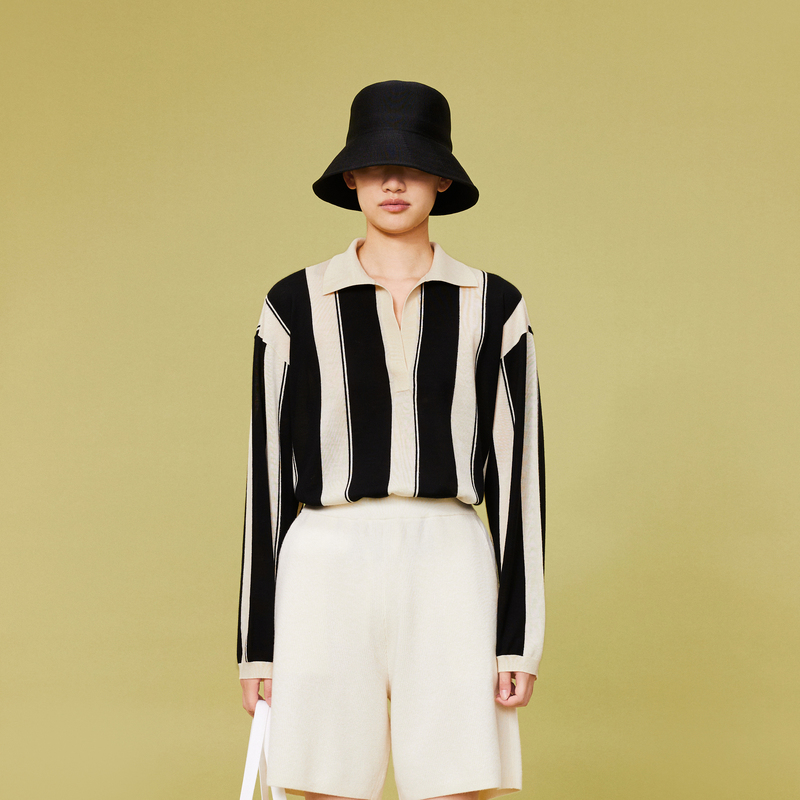 LESS绵羊毛条纹polo针织衫女撞色V领内搭上衣含山羊绒2O2313960