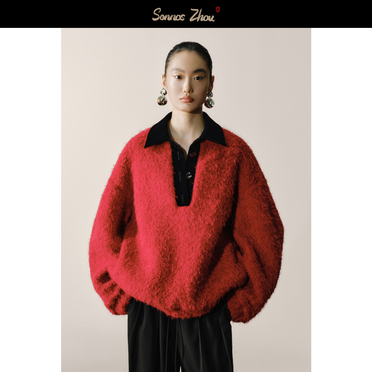 ZLHK【sennos】云卷云舒圈圈毛polo领撞色卫衣 C42030