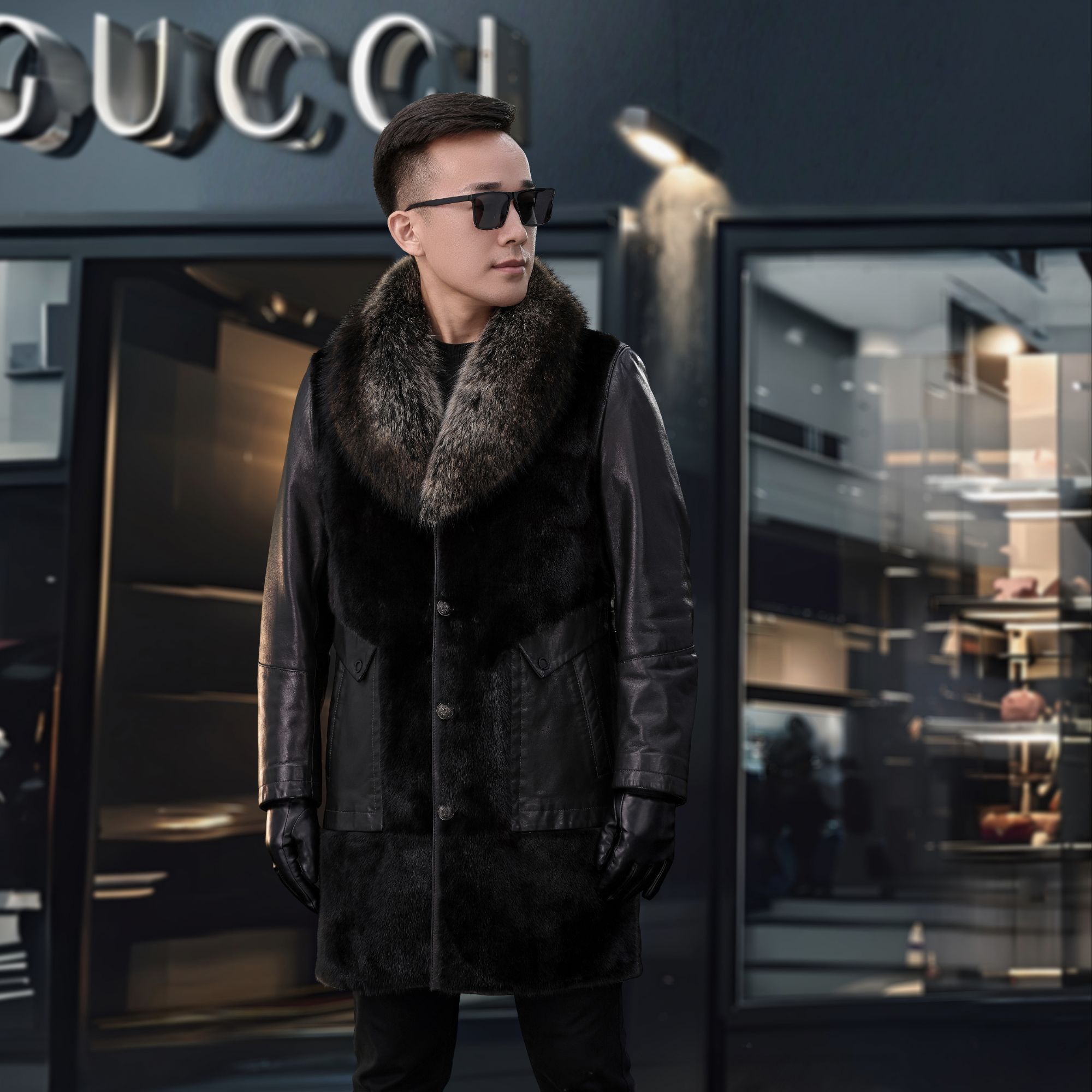 整貂海宁油蜡小山羊皮冬季鹅绒外套男士进口小母貂大衣男中长款