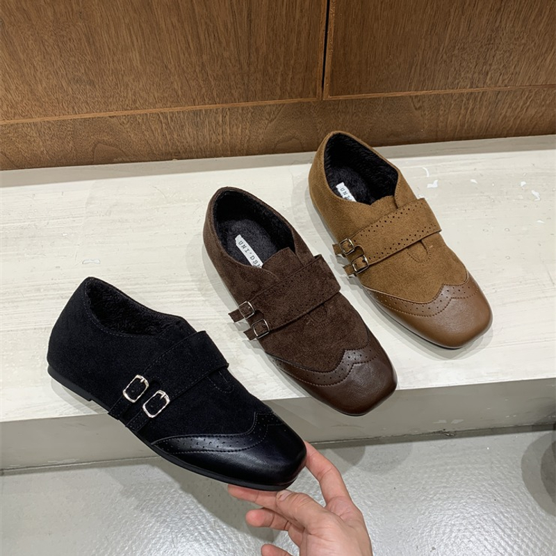 内增高复古雕花方头乐福鞋女鞋冬季保暖加绒单鞋布洛克风小皮鞋