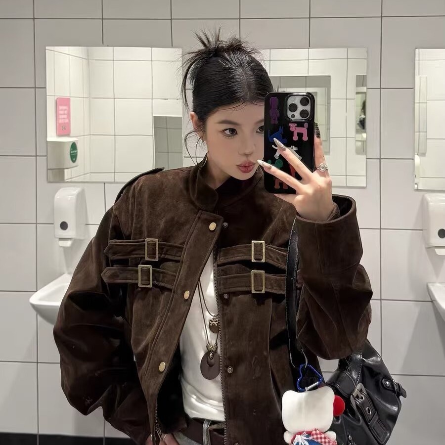 鹿皮绒外套女短款夹克春秋2025新款韩版高级感宽松小个子上衣外穿