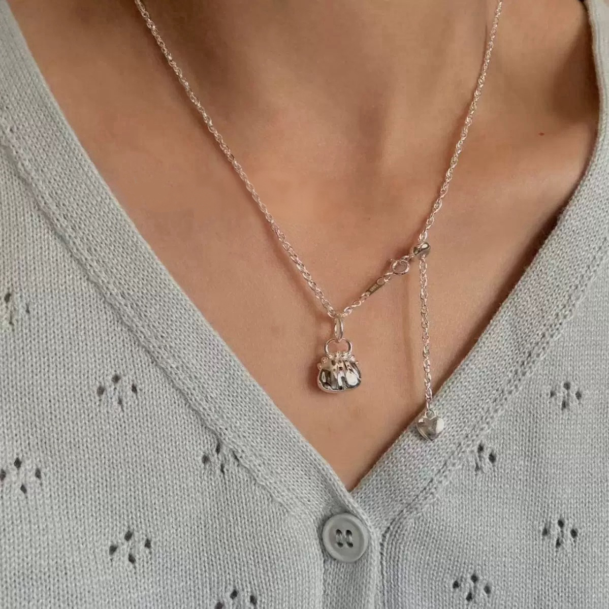 坠链均925银 女甜美手工实心包包吊坠时尚小香风S925银项链百搭