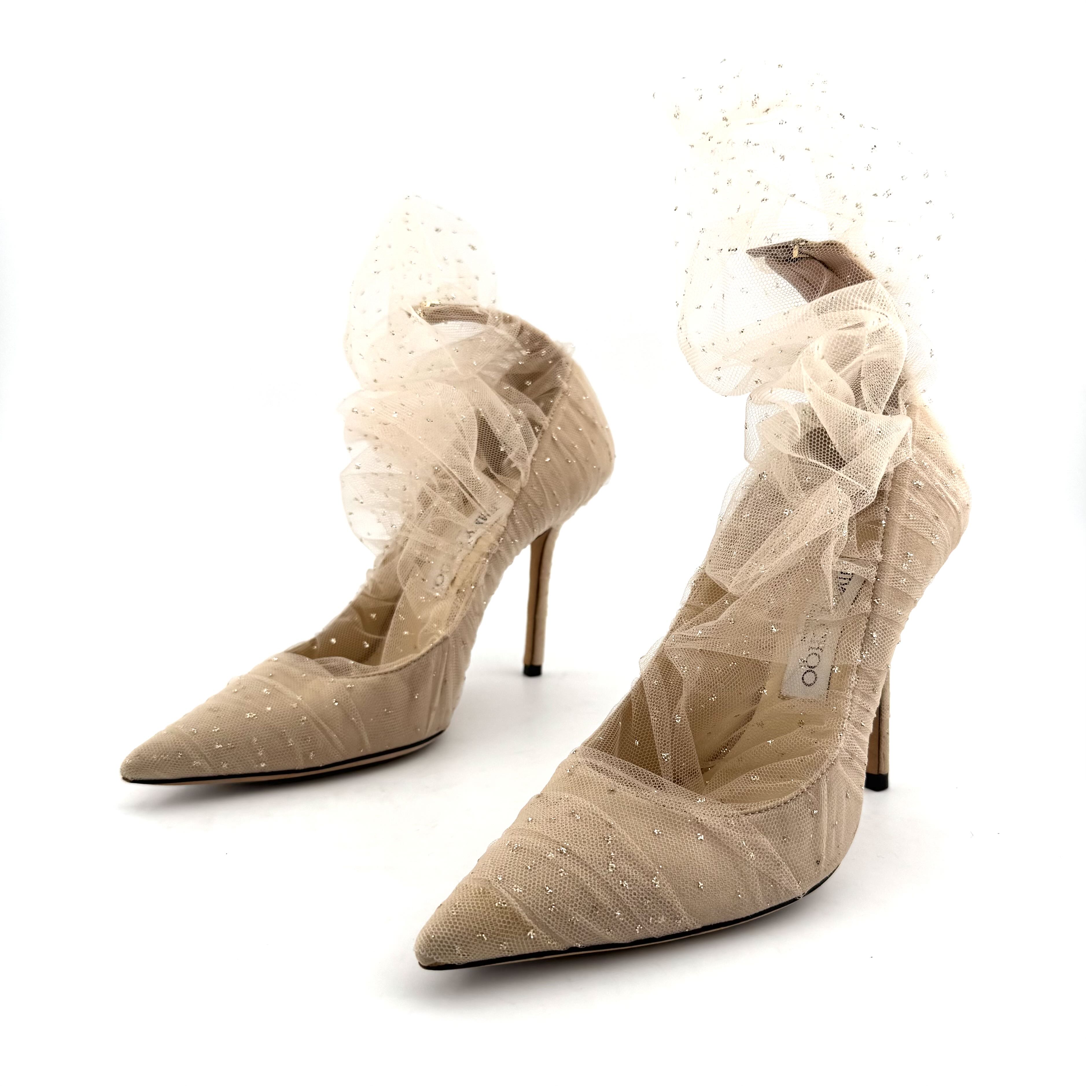 90新 JIMMY CHOO/吉米周 周仰杰 37码 粉色网纱高跟鞋 D3649